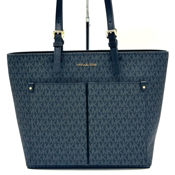 Michael Kors Jet Set Medium Pocket Tote Bag Black Signature - Picture 2 of 10